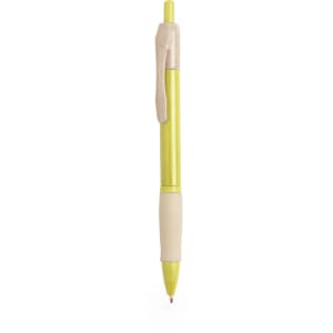 A yellow and cream pen with a grip and a clip, featuring a simple design and a branded logo.