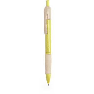 A vibrant yellow pen with a textured grip and a cap, featuring a logo on its body.