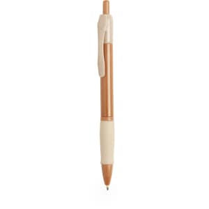 A promotional pen in brown and cream, featuring a rubber grip and a clip for easy attachment.