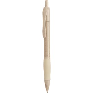 A cream-coloured pen with a textured grip and a clip, featuring a branding logo on the body.