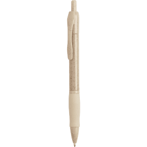 A beige pen with a textured grip and a clip, featuring a printed logo.