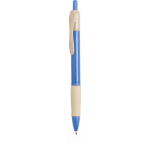 A blue pen with a beige grip and clip, featuring a simple design and branding on the barrel.