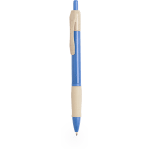 A blue pen with a beige grip and a clip at the top. The pen has a smooth tip for writing.