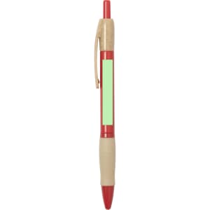 A red and beige pen with a textured grip and branding on the side.