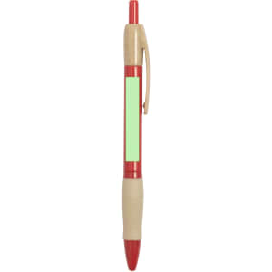 A red and beige pen with a textured grip and a clip, featuring a blank green area for customisation.