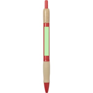 A red pen with a wooden top and a beige grip, featuring a blank green section on the barrel.