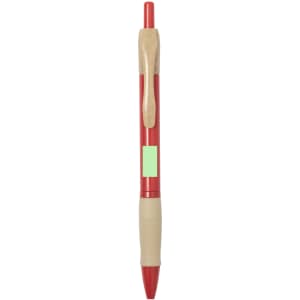 A red pen with a wooden clip and a light beige grip. It features a branding area.