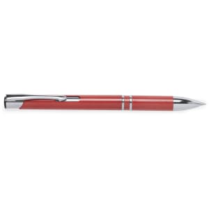 A red pen with a chrome finish, featuring a sleek design and a clip for easy attachment.