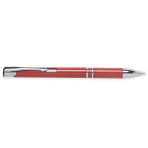 A red pen with a glossy finish, featuring a silver clip and accents. The pen has a simple design and includes a logo.