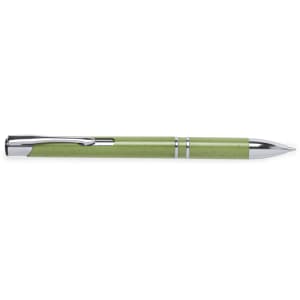 A green pen with a chrome clip and accents, featuring a sleek, shiny design.
