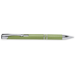A green pen with a chrome finish and a clip, featuring a sleek design and a branding logo.