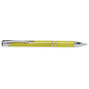 A yellow pen with chrome accents and a clip, featuring a sleek design and branding.