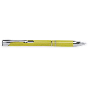 A yellow pen with a silver clip and accents, featuring a sleek design. Includes branding on the barrel.