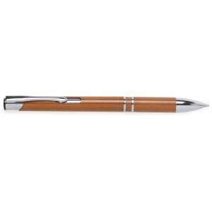 A sleek pen with a brown barrel and chrome accents, featuring a clip and a branding logo.