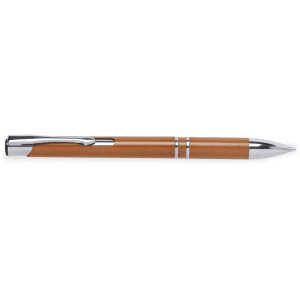 A brown and silver pen with a sleek design and a clip for easy attachment, featuring a logo.