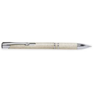 A cream-coloured pen with a sleek silver clip and accents, featuring a logo on the barrel.