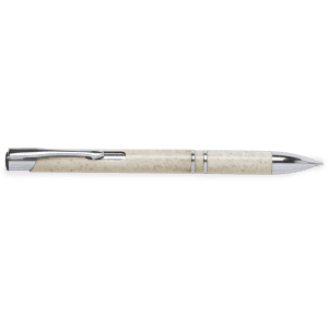 A sleek pen with a cream-coloured barrel and chrome accents, featuring a clip and a polished finish.