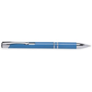 A blue pen with silver accents and a clip, featuring a sleek design and smooth finish.