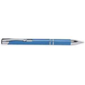 A blue pen with a chrome and blue grip, featuring a clip and decorative silver accents, also has a logo.
