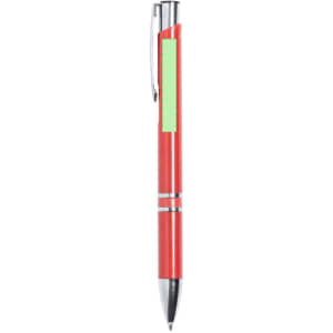 A red pen with silver accents and a clip, featuring a blank section for customisation.