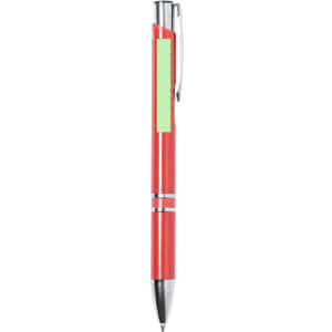 A red pen with silver accents and a clip, featuring a blank area for custom branding.