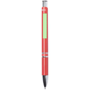 A red pen with a silver trim and a green highlight area, featuring a logo on the upper part.