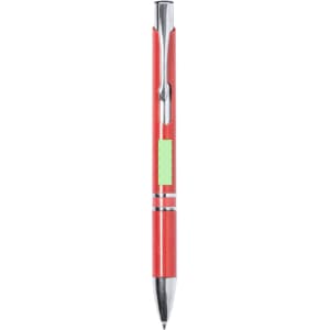 A red pen with a chrome clip and detailing, featuring a green placeholder.
