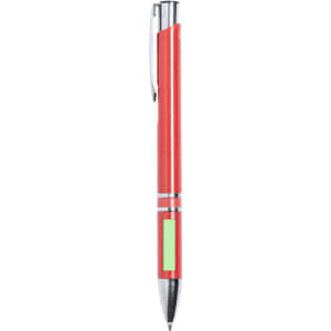 A red pen with a silver clip and a green section, featuring a branding logo.