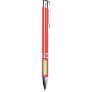 A red pen with silver trim and a green accent, featuring a clip and a branding logo.