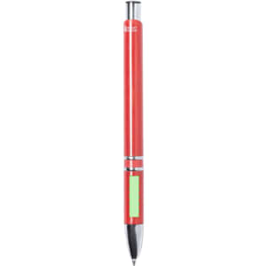 A red pen with a silver clip and a green area for branding. It features a sleek, modern design.