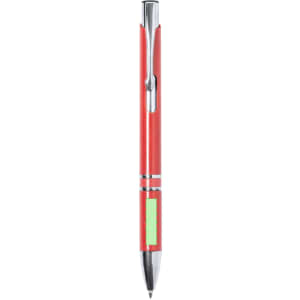 A red pen with a silver clip and a blank area for branding. It features a traditional ballpoint design.