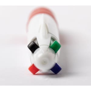 A promotional pen with a white body and four coloured tips: red, black, green, and blue. It features a logo.