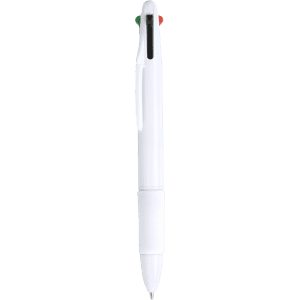 A white pen with a coloured clip and a branding logo. Ideal for various writing tasks.