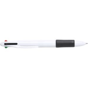 A white pen with a black grip, featuring red and green accents, and a clip for easy attachment.