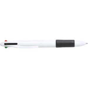 A white and black pen with a logo and a red accent, designed for writing.