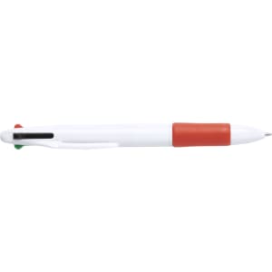 A pen featuring a white barrel with a red grip and green clip, and a branded logo on the side.