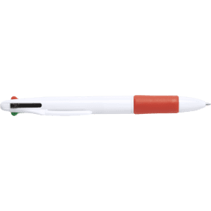 A white pen with an orange grip and a clip, featuring a branding logo.