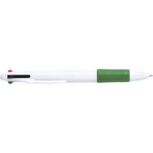 A white pen with a green grip and red and green accents, featuring a clip and a branding logo.