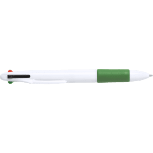 A pen featuring a white body and a green grip, with an additional red accent. It includes a logo on the surface.