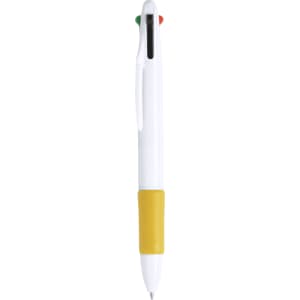 A multi-coloured pen featuring a white barrel, yellow grip, and green and red accents. It has a logo on the side.