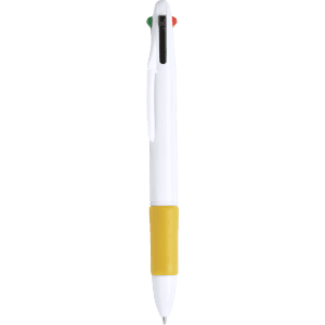 A white pen with a yellow grip and a red detail at the top, featuring a logo.