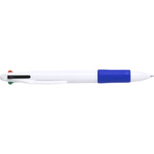 A multicoloured pen featuring a white body with a blue grip and red and green buttons. It has a logo on the side.