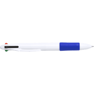 A white pen with a blue grip and red and green accents, featuring a clip and a logo.