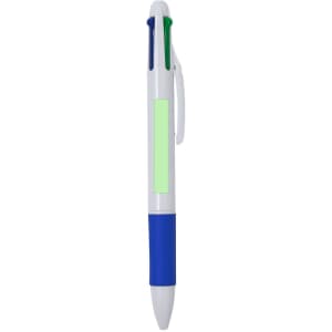 A pen with a white body, blue grip, and green and blue accents, featuring a blank section for branding.