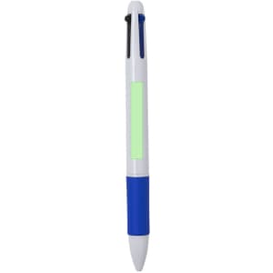 A pen featuring a blue and white design with a green accent area and a logo.