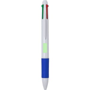 A multi-coloured pen featuring a white barrel, blue grip, and red and green pen tips. It has a logo on the body.