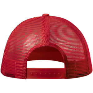A red cap with a mesh back and an adjustable strap. Features a logo on the back.