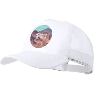 A white cap featuring a round logo with a scenic mountain design and mesh detailing at the back.
