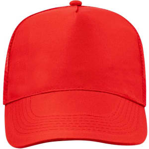 A red cap featuring a structured design and a smooth fabric surface, with a logo on the front.