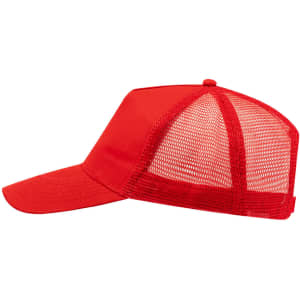 A red cap with a mesh back, featuring a solid front panel and a curved brim. It includes a logo on the front.